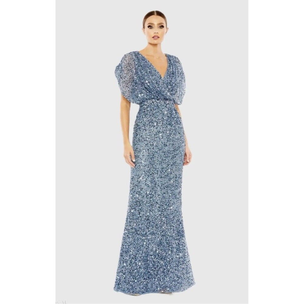 MAC DUGGAL Blue Sequin Maxi Dress with Draped Sleeves and a V-Neckline. Size 10